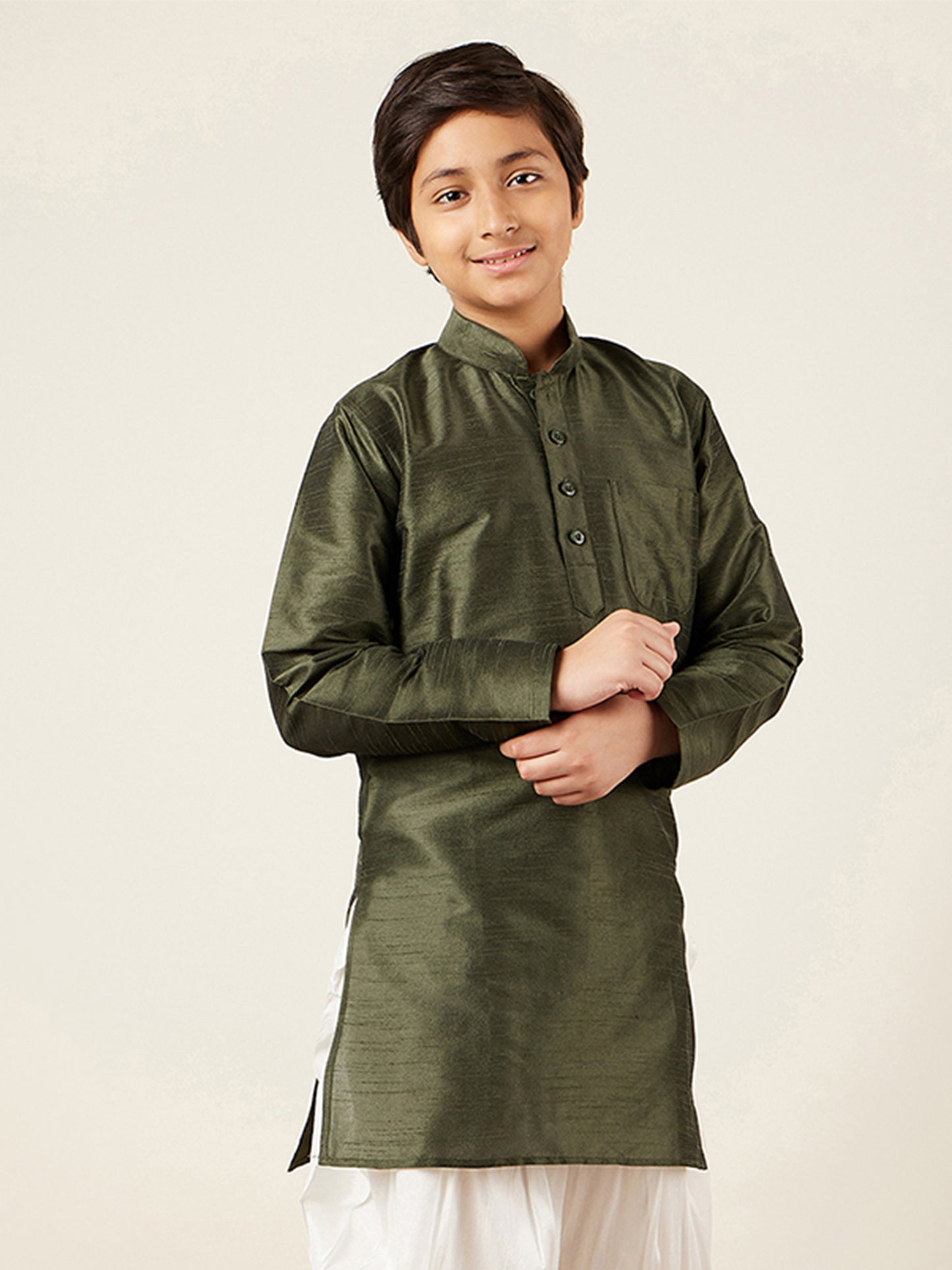 Kids Boys Green Solid Silk Blend Kurta