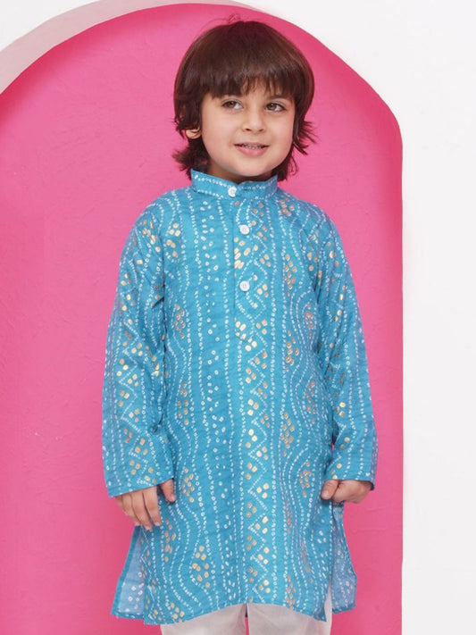 Kids Blue Cotton Bandhani Kurta For Boys