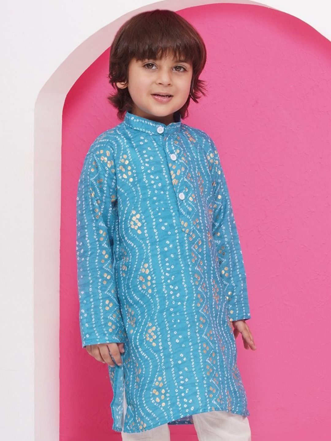 Kids Blue Cotton Bandhani Kurta For Boys