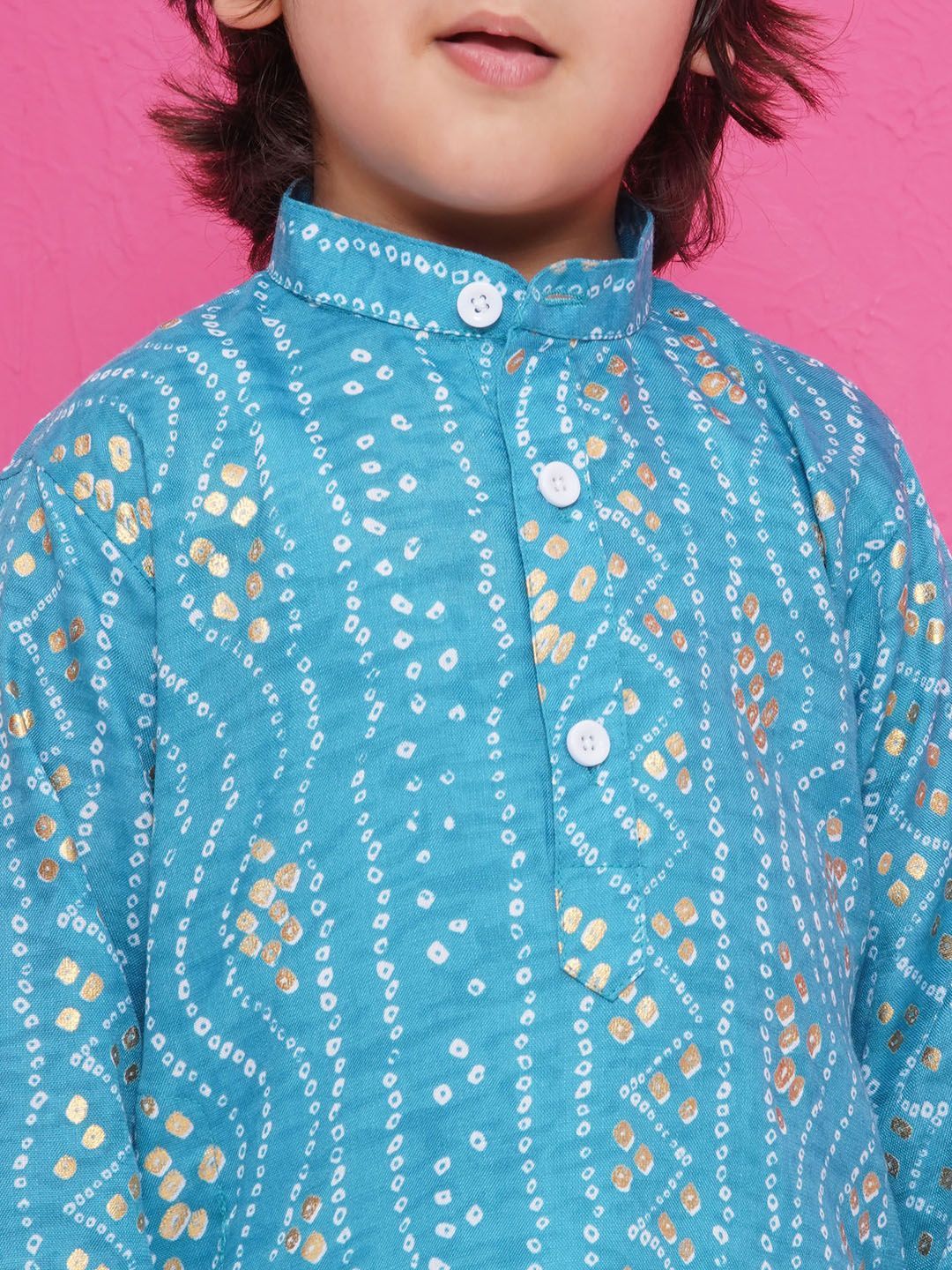 Kids Blue Cotton Bandhani Kurta For Boys
