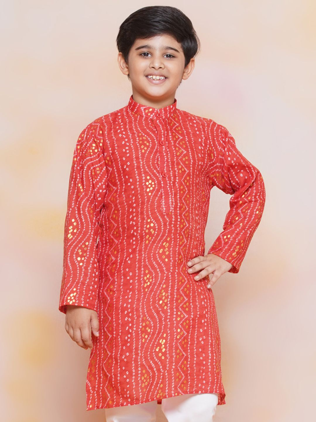 Kids Maroon Cotton Bandhani Kurta Set For Boys