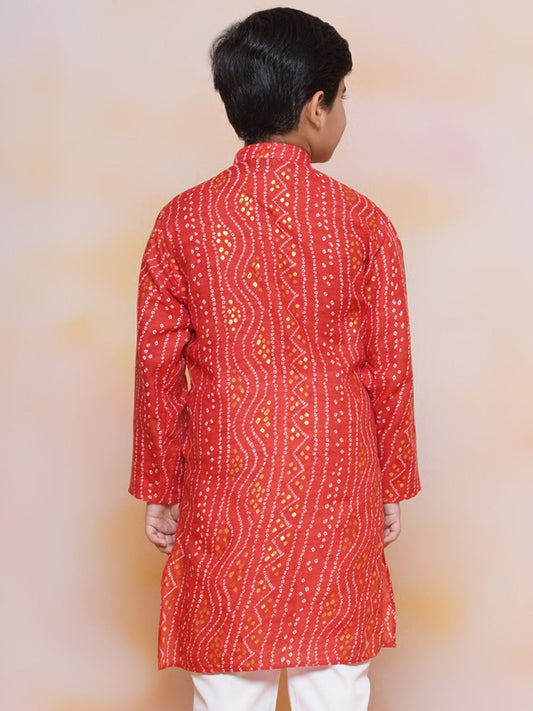 Kids Maroon Cotton Bandhani Kurta Set For Boys