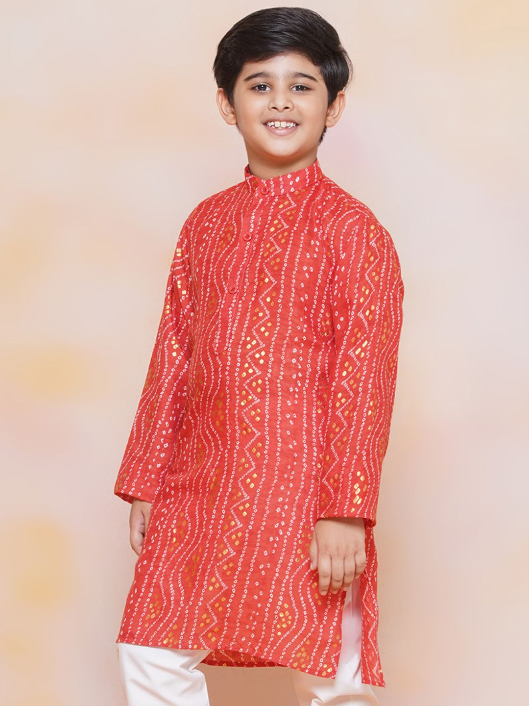 Kids Maroon Cotton Bandhani Kurta Set For Boys