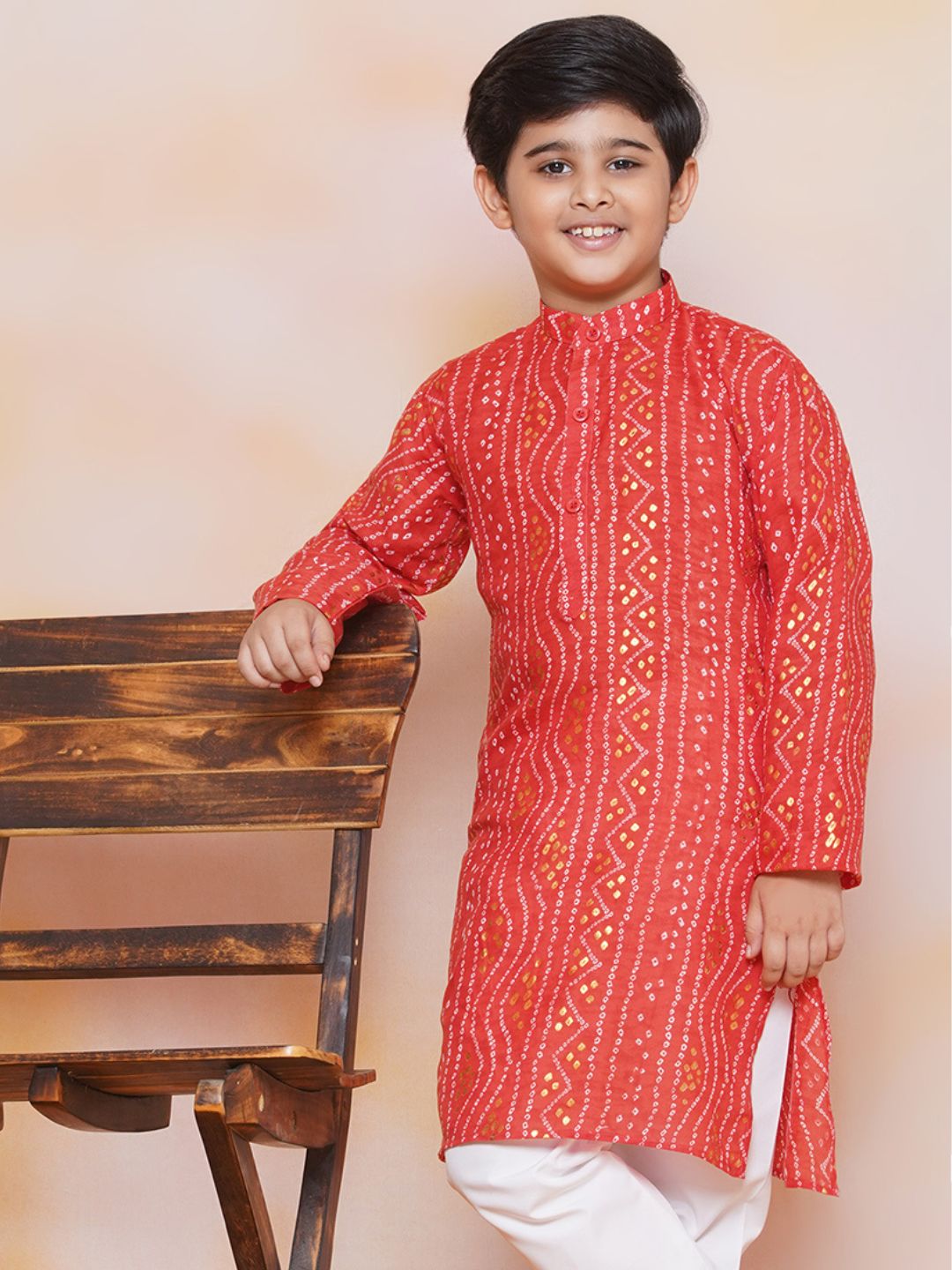 Kids Maroon Cotton Bandhani Kurta Set For Boys