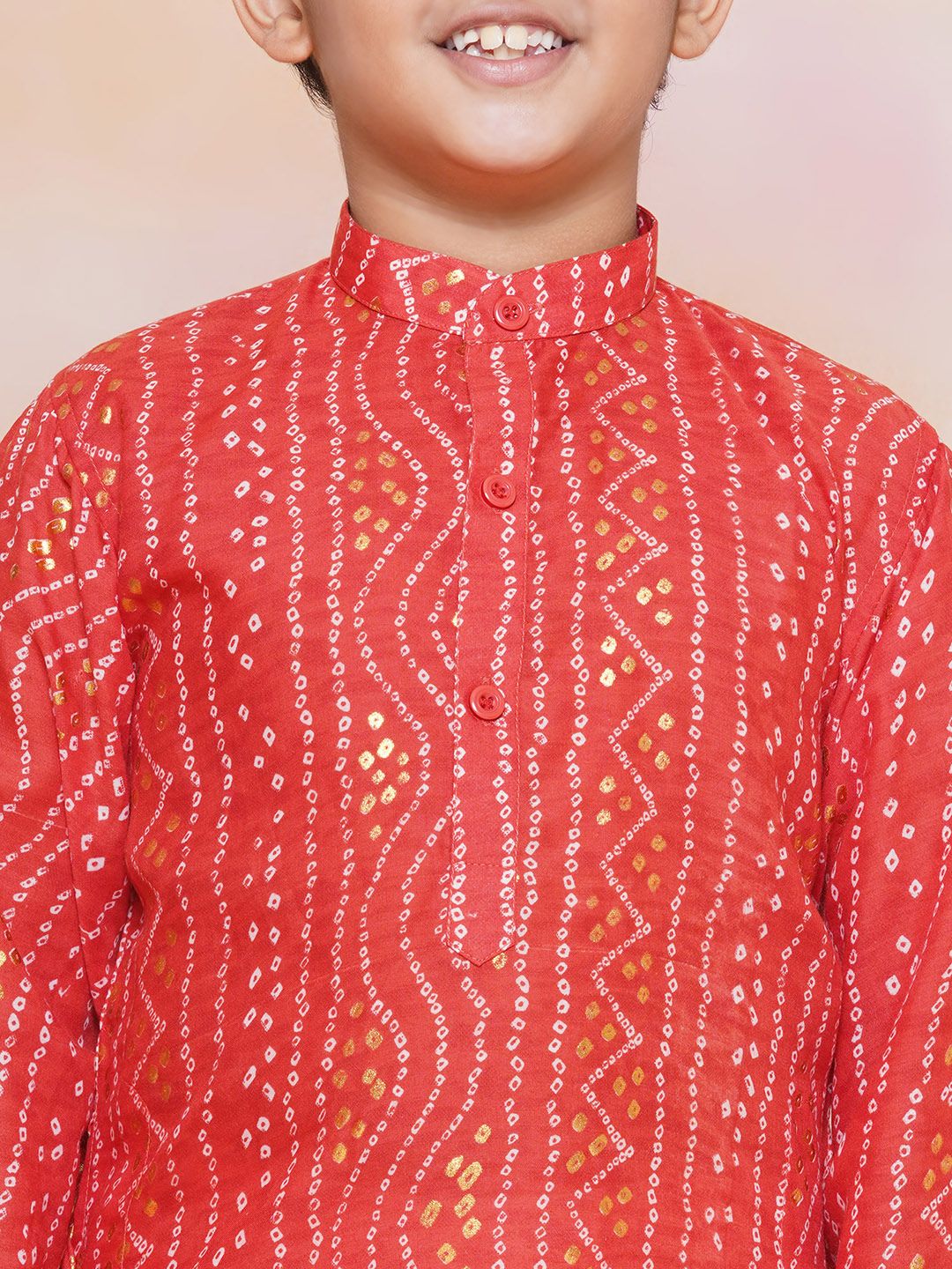 Kids Maroon Cotton Bandhani Kurta Set For Boys