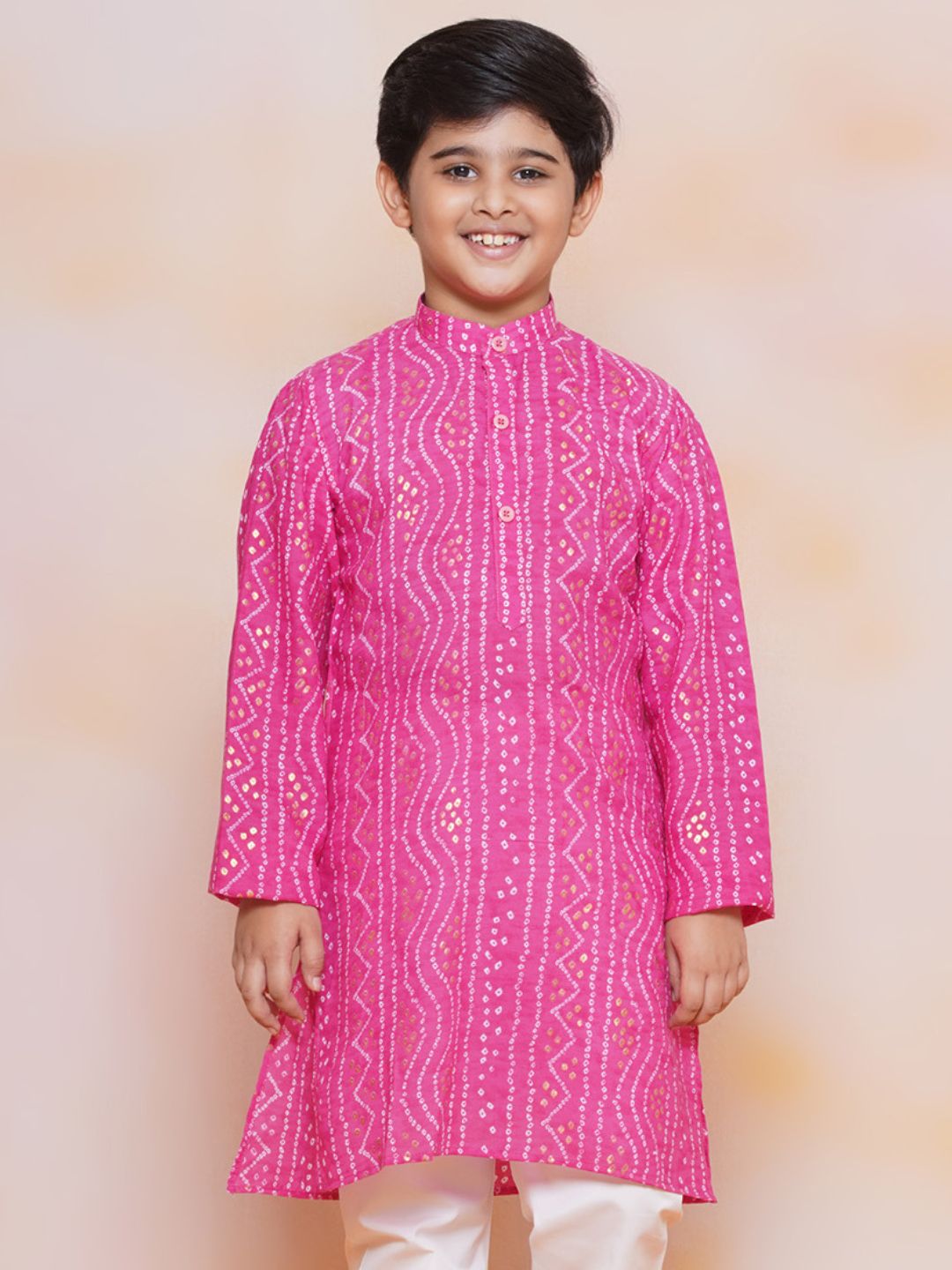 Kids Pink Cotton Bandhani Kurta Set For Boys