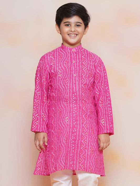 Kids Pink Cotton Bandhani Kurta Set For Boys