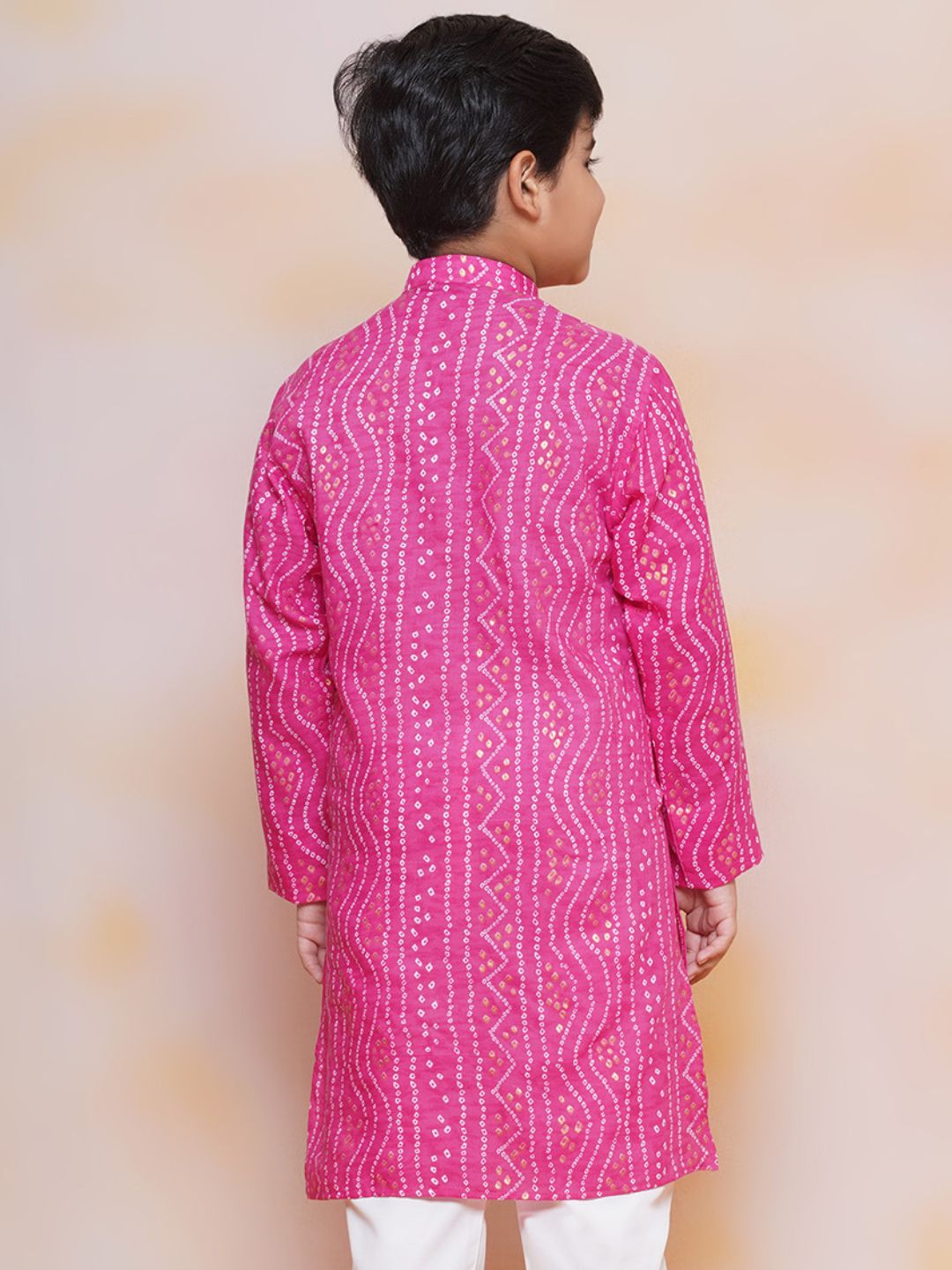 Kids Pink Cotton Bandhani Kurta Set For Boys