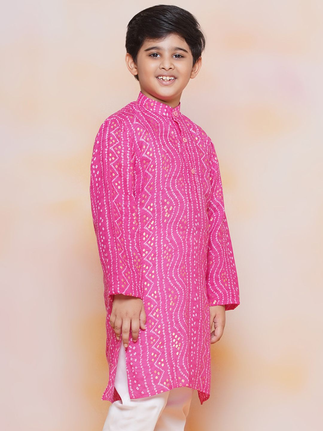 Kids Pink Cotton Bandhani Kurta Set For Boys