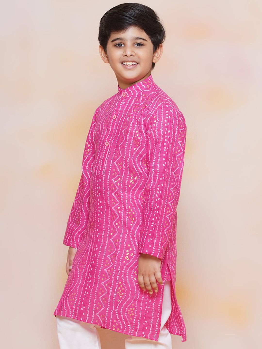 Kids Pink Cotton Bandhani Kurta Set For Boys