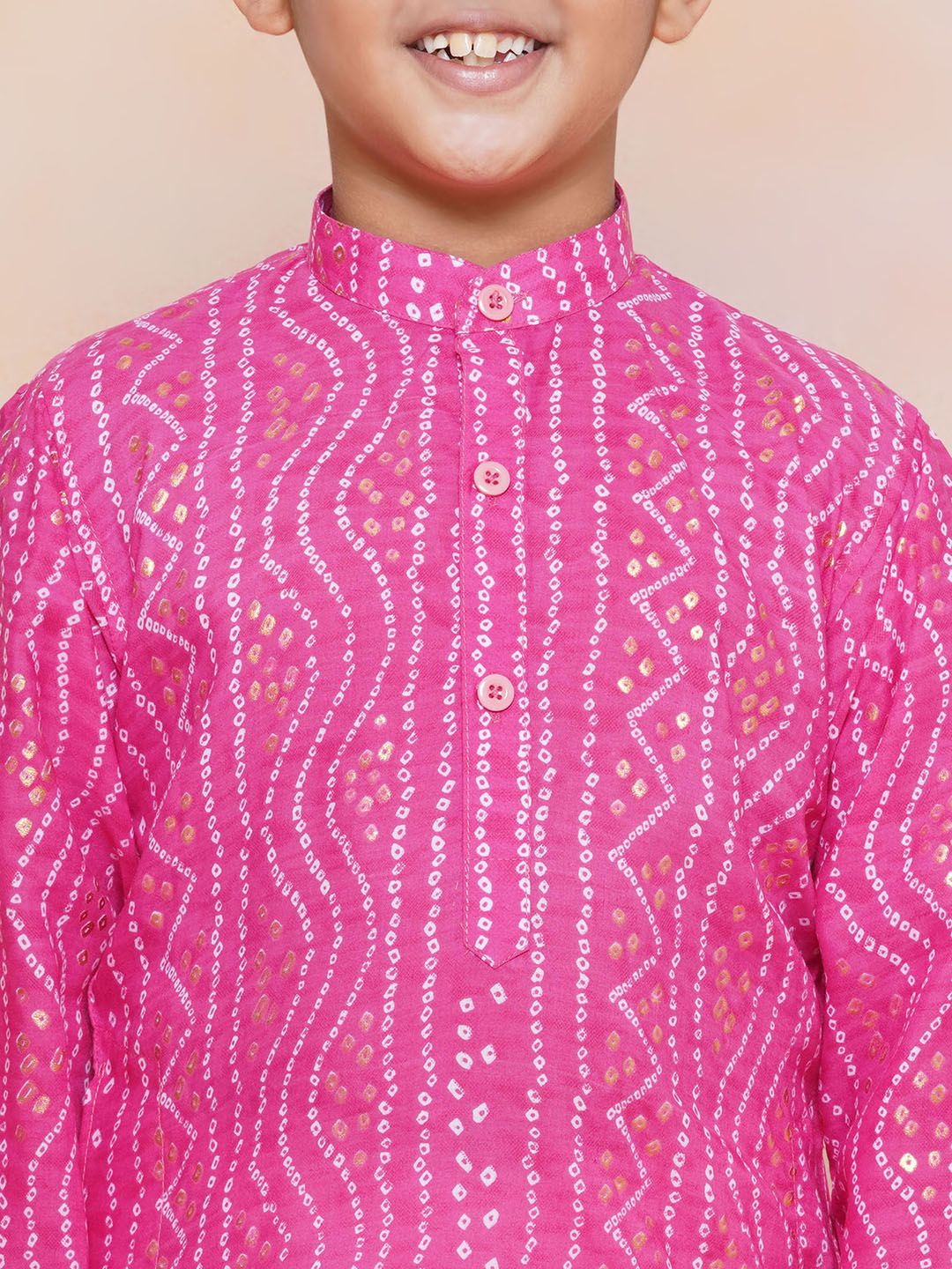 Kids Pink Cotton Bandhani Kurta Set For Boys