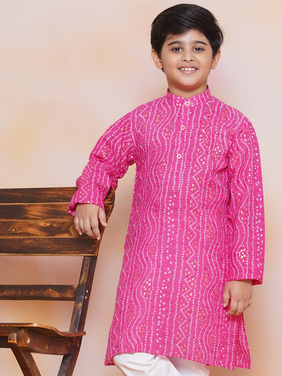 Kids Pink Cotton Bandhani Kurta Set For Boys