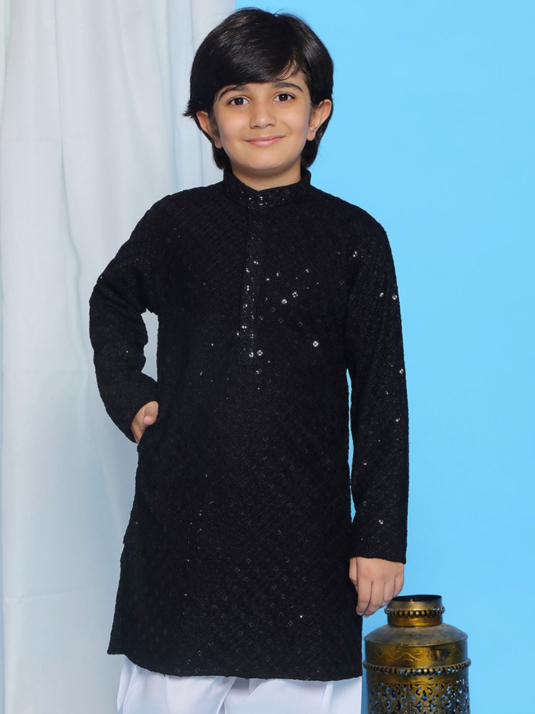 Aj Dezines Black Schiffli Full Sleeves Embroidered Kurta For Boys