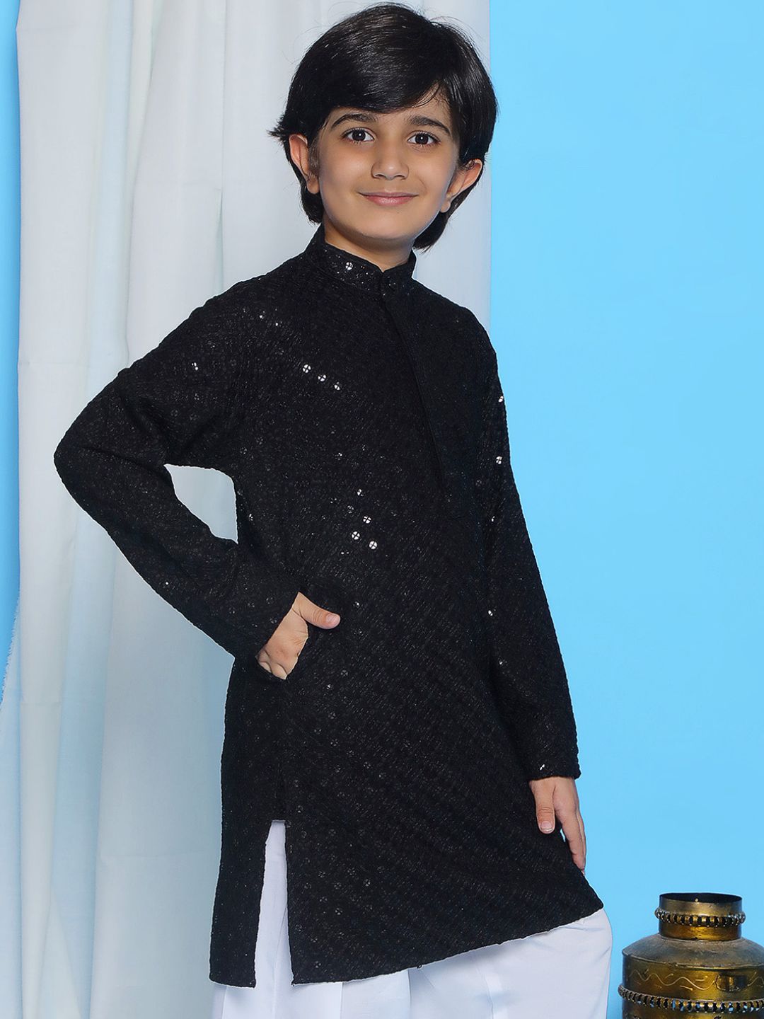 Black Schiffli Full Sleeves Embroidered Kurta For Boys
