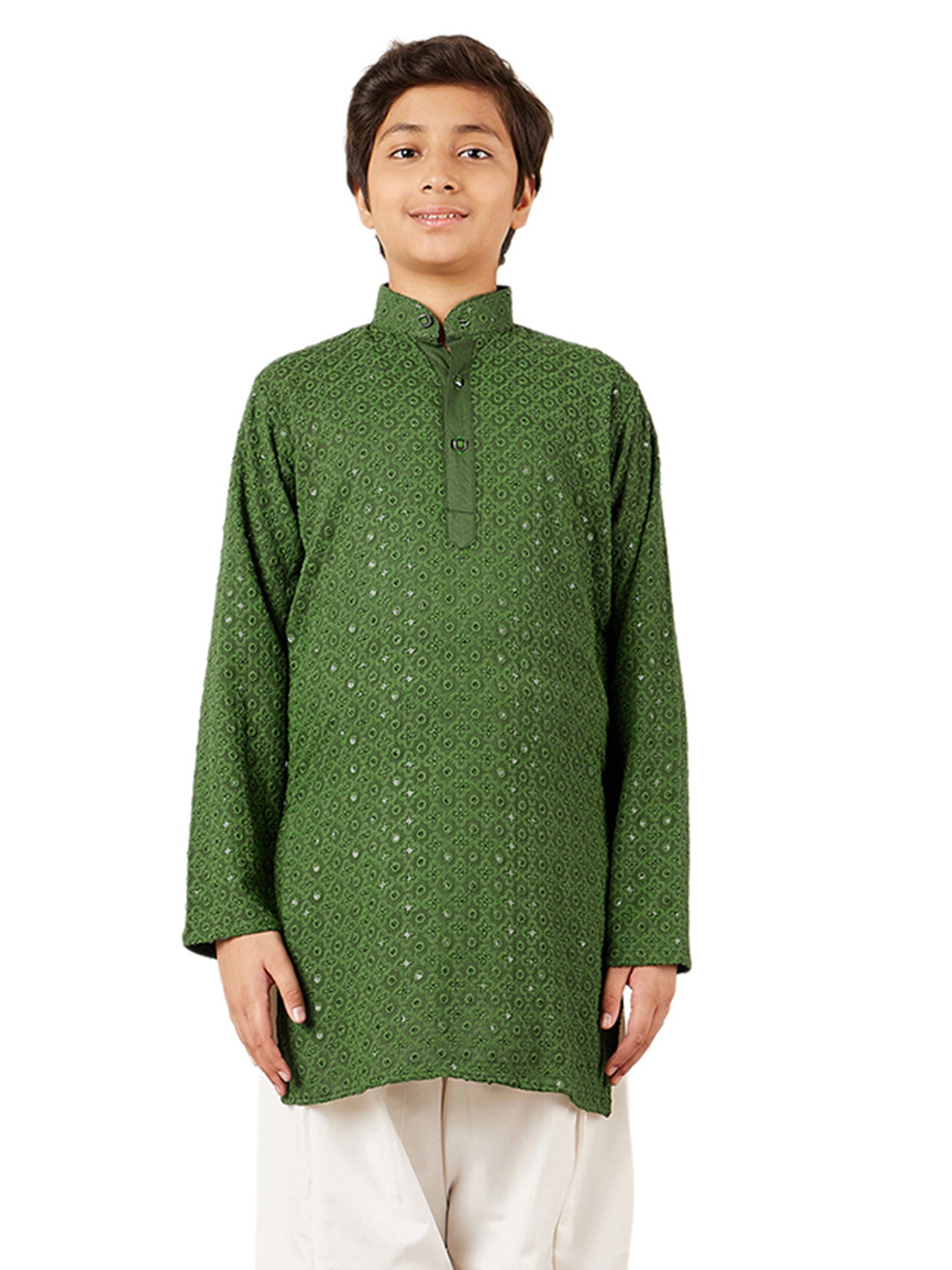AJ Dezines Kids Green Cotton Sequined Chikankari Kurta For Boys
