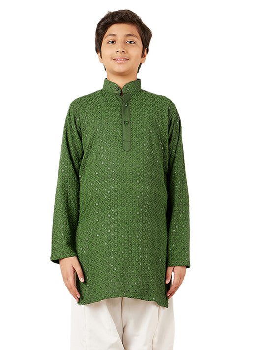 AJ Dezines Kids Green Cotton Sequined Chikankari Kurta For Boys