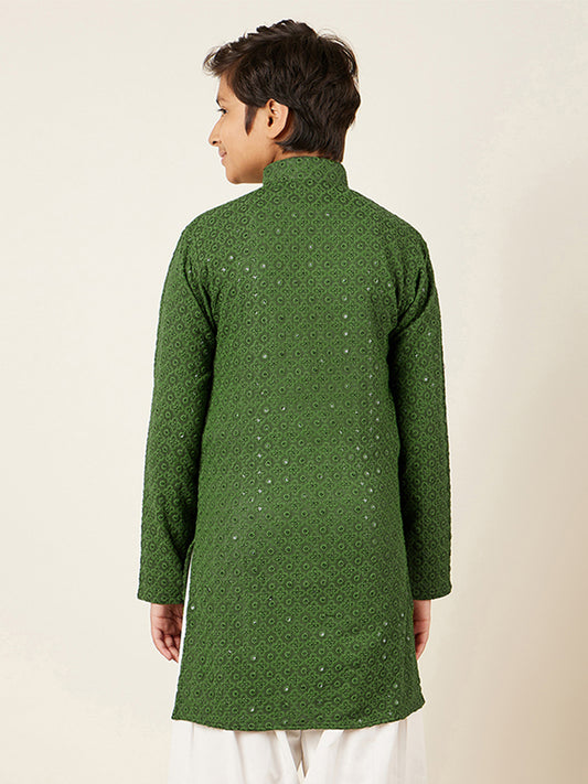 AJ Dezines Kids Green Cotton Sequined Chikankari Kurta For Boys