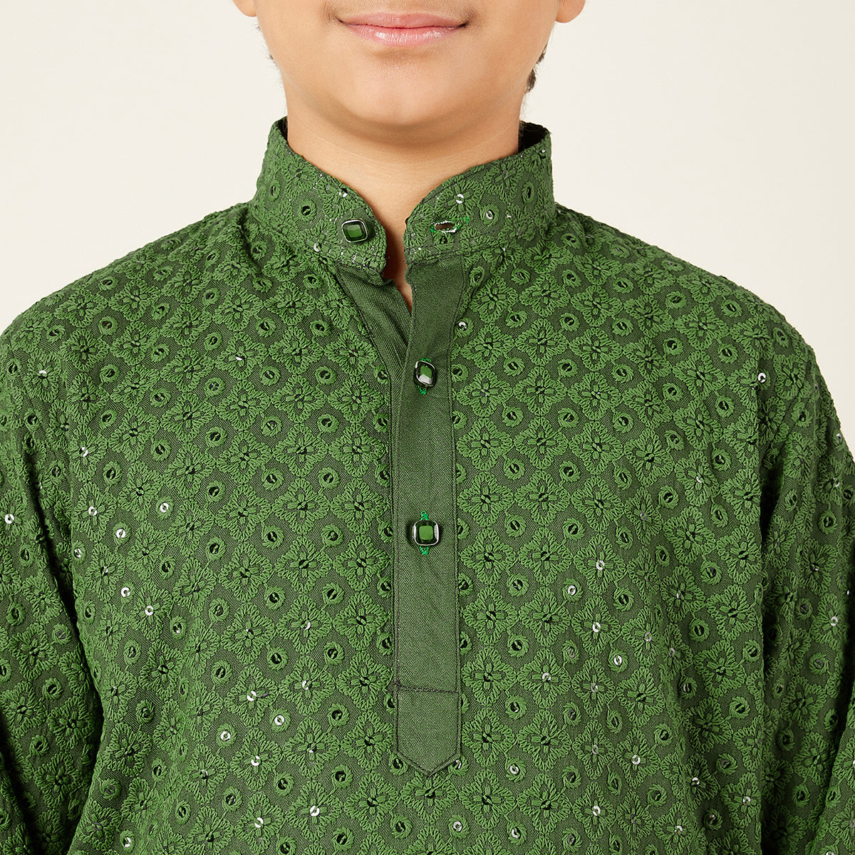 Kids Green Cotton Sequined Chikankari Kurta For Boys