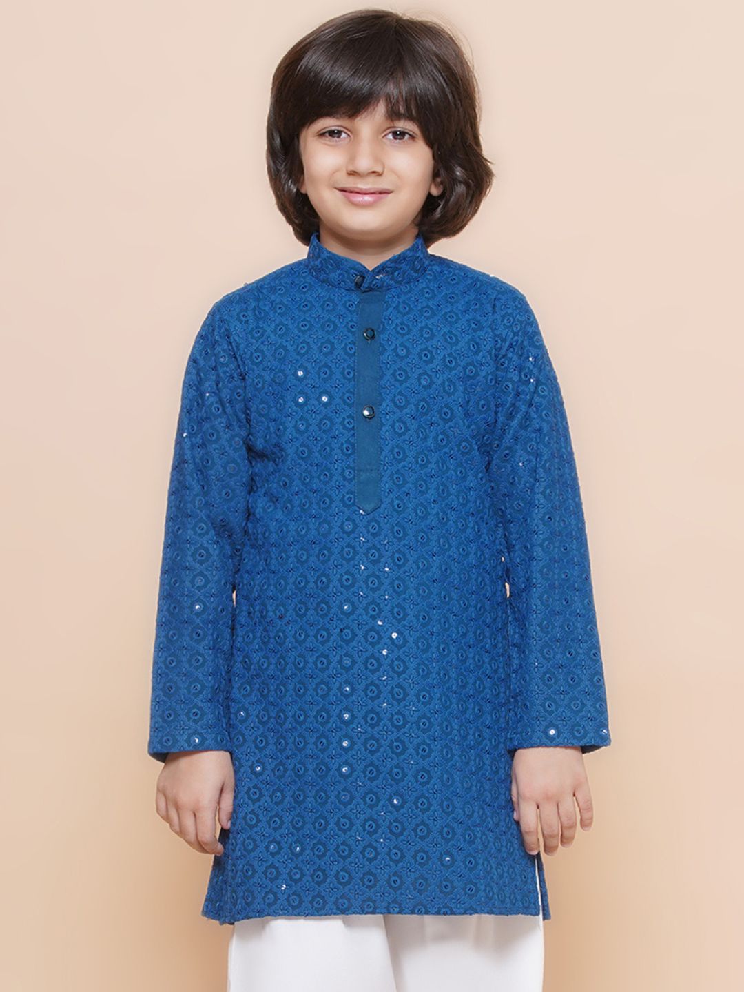 NAVY BLUE Schiffli Full sleeves Embroidered Kurta for Boys