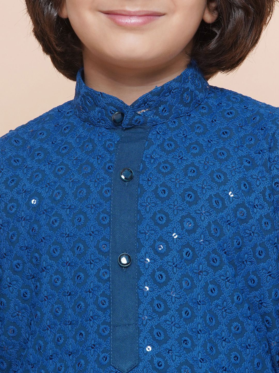 NAVY BLUE Schiffli Full sleeves Embroidered Kurta for Boys