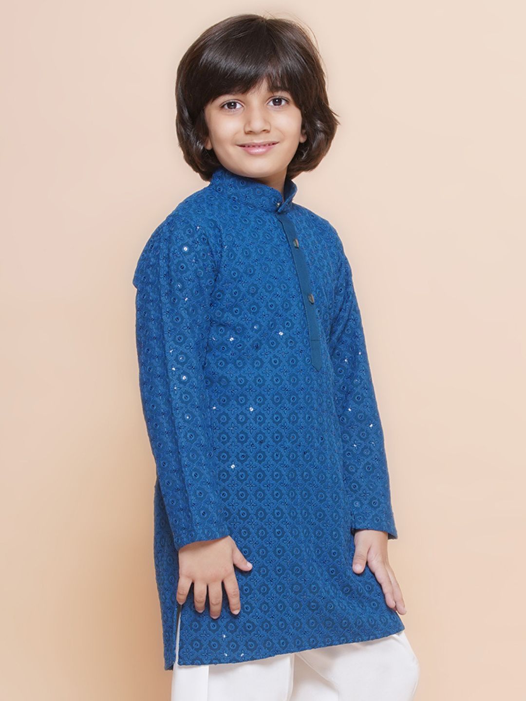 NAVY BLUE Schiffli Full sleeves Embroidered Kurta for Boys