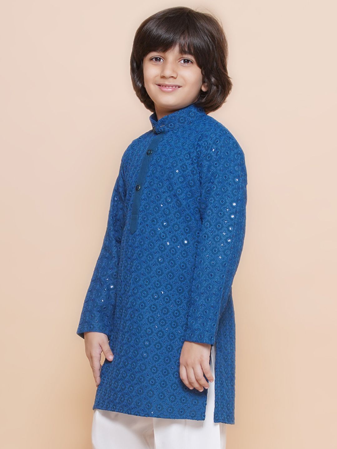 NAVY BLUE Schiffli Full sleeves Embroidered Kurta for Boys