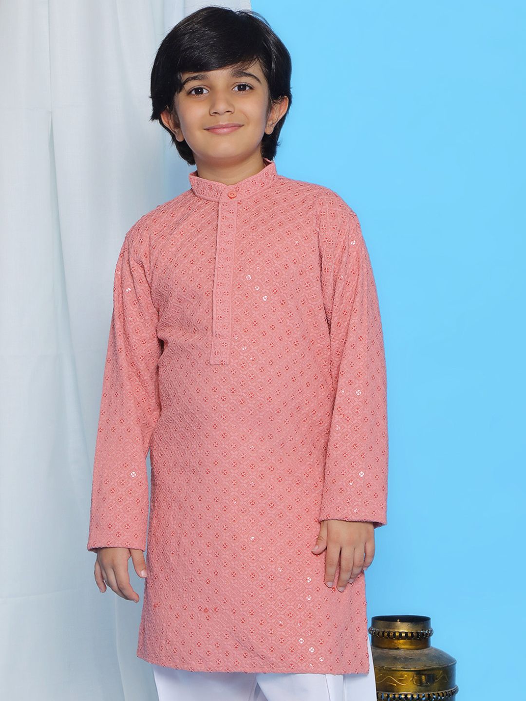 Aj Dezines Peach Schiffli Full Sleeves Embroidered Kurta For Boys
