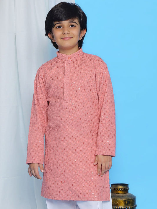 Aj Dezines Peach Schiffli Full Sleeves Embroidered Kurta For Boys