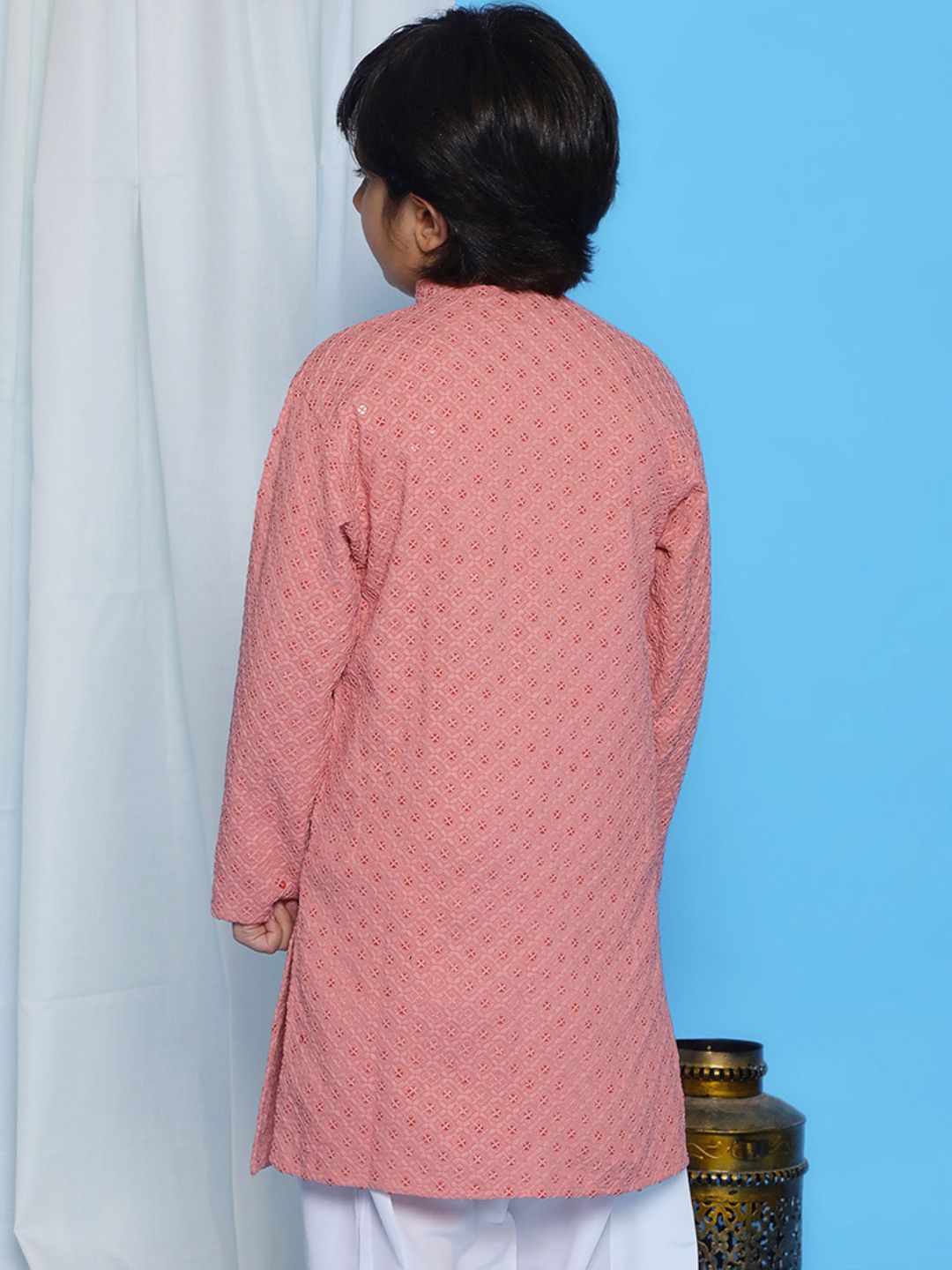 Aj Dezines Peach Schiffli Full Sleeves Embroidered Kurta For Boys