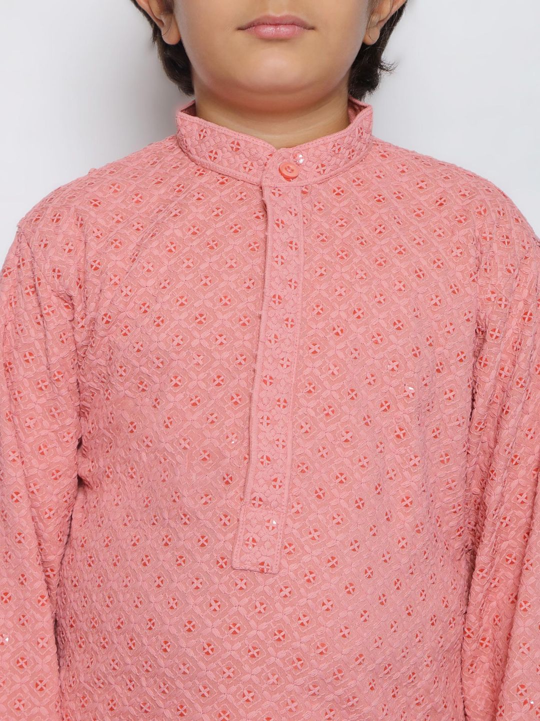 Aj Dezines Peach Schiffli Full Sleeves Embroidered Kurta For Boys