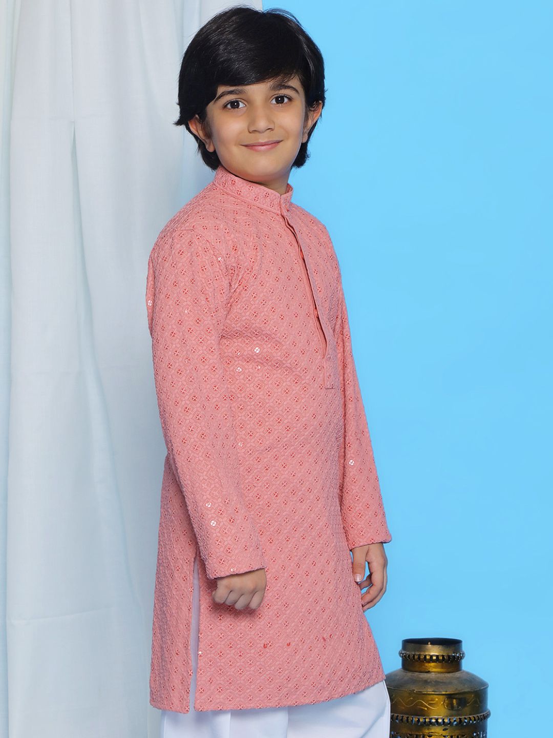 Aj Dezines Peach Schiffli Full Sleeves Embroidered Kurta For Boys
