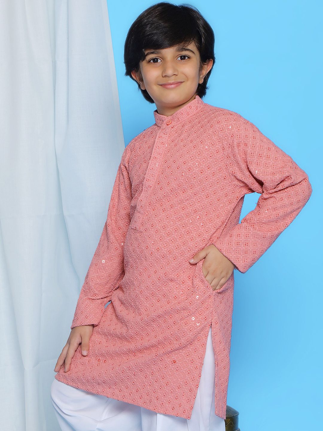 PEACH Schiffli Full sleeves Embroidered Kurta for Boys