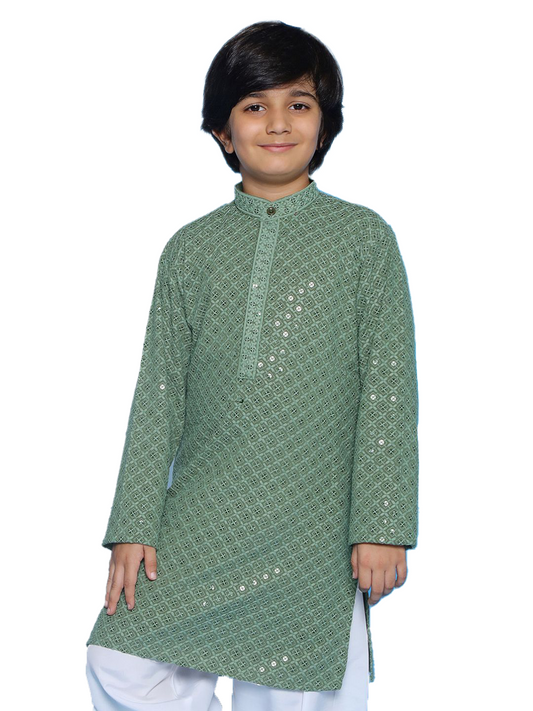 Aj Dezines Pista Schiffli Full Sleeves Embroidered Kurta For Boys