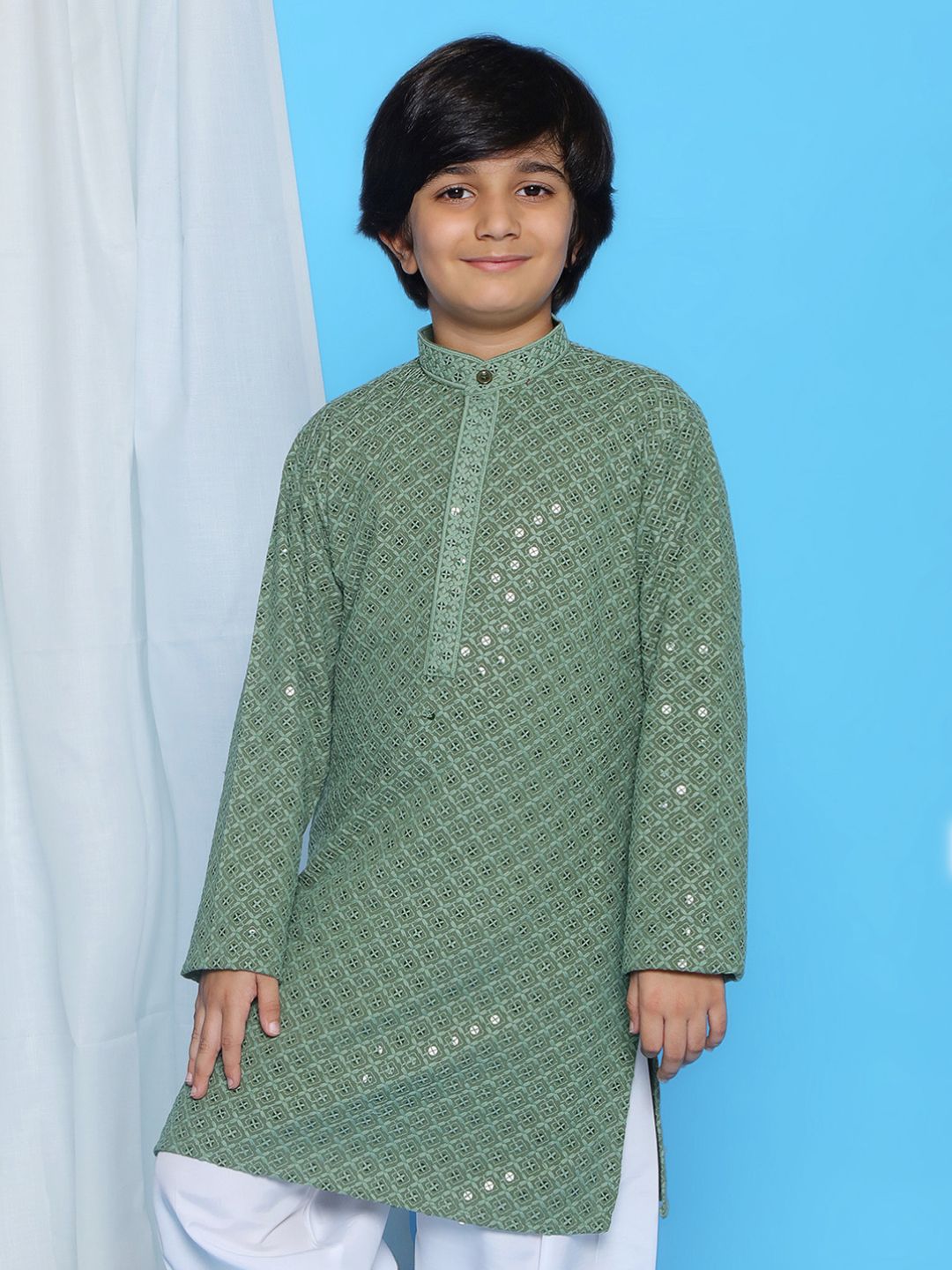 Aj Dezines Pista Schiffli Full Sleeves Embroidered Kurta For Boys