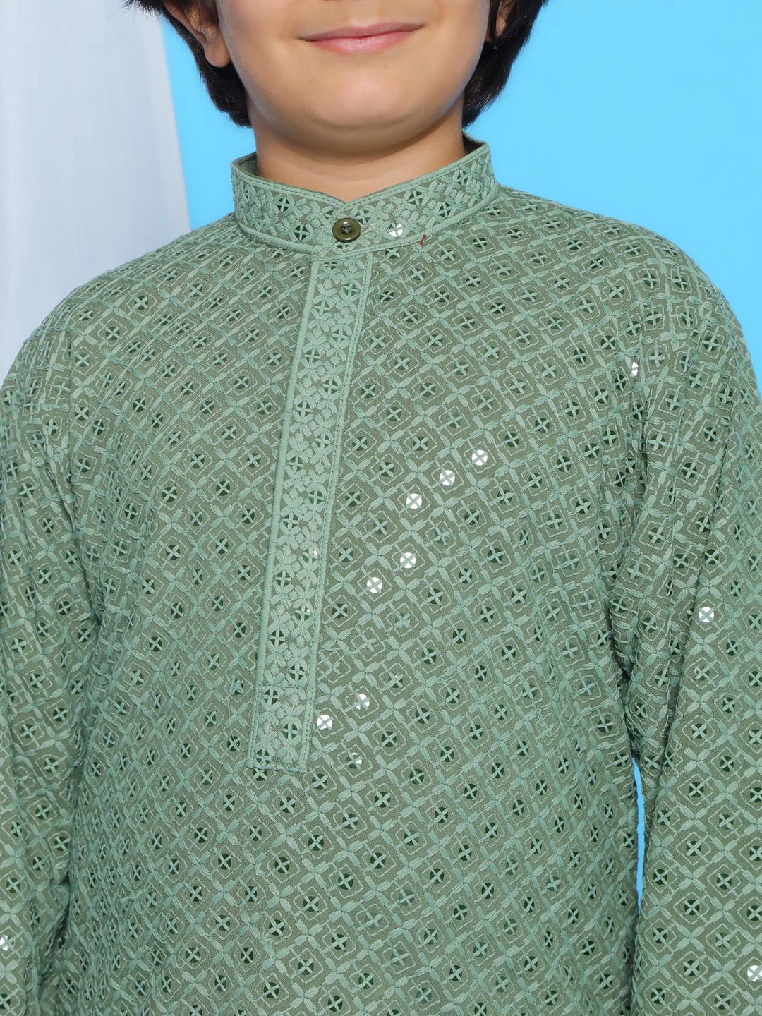 Aj Dezines Pista Schiffli Full Sleeves Embroidered Kurta For Boys
