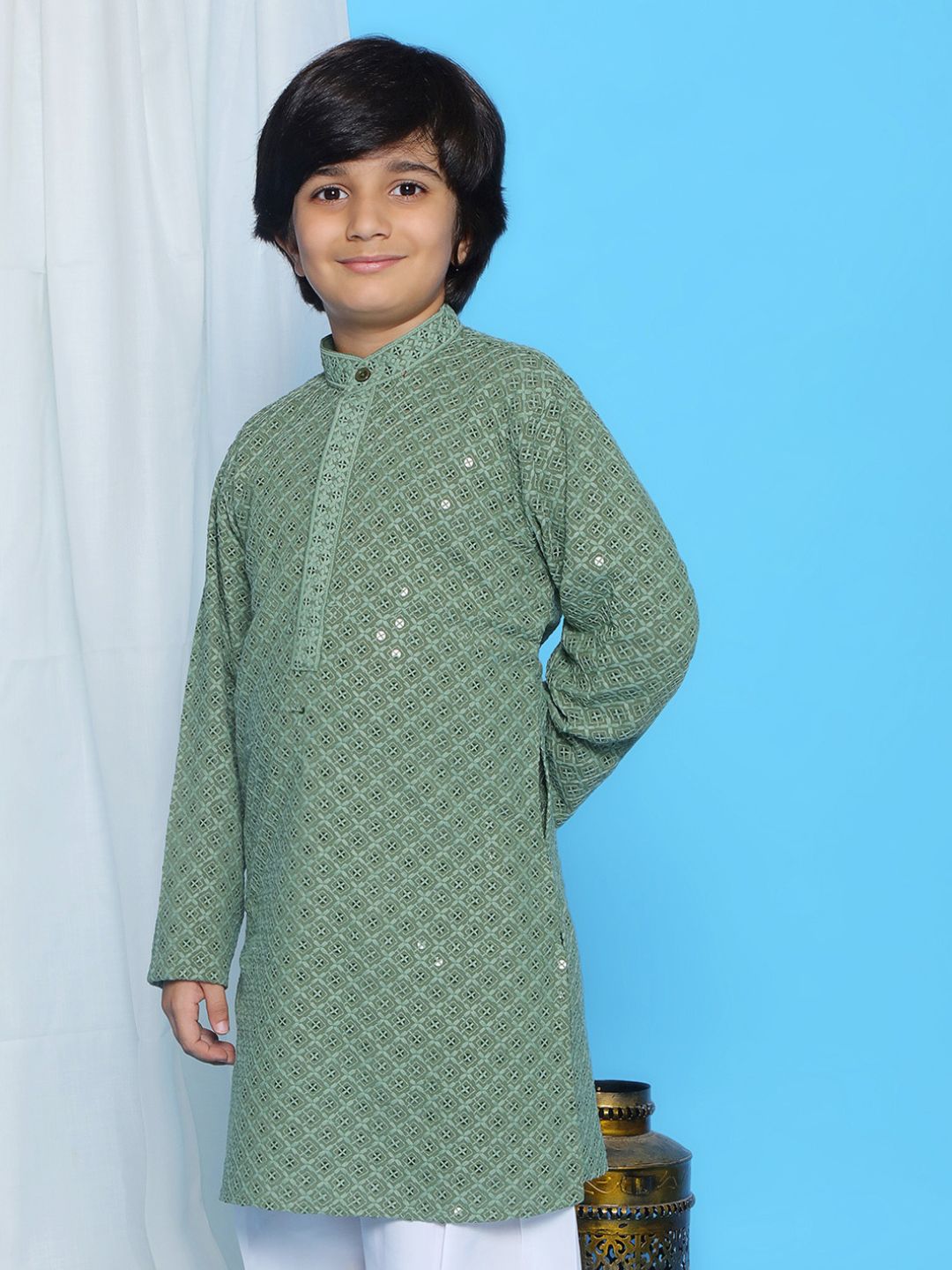 Aj Dezines Pista Schiffli Full Sleeves Embroidered Kurta For Boys