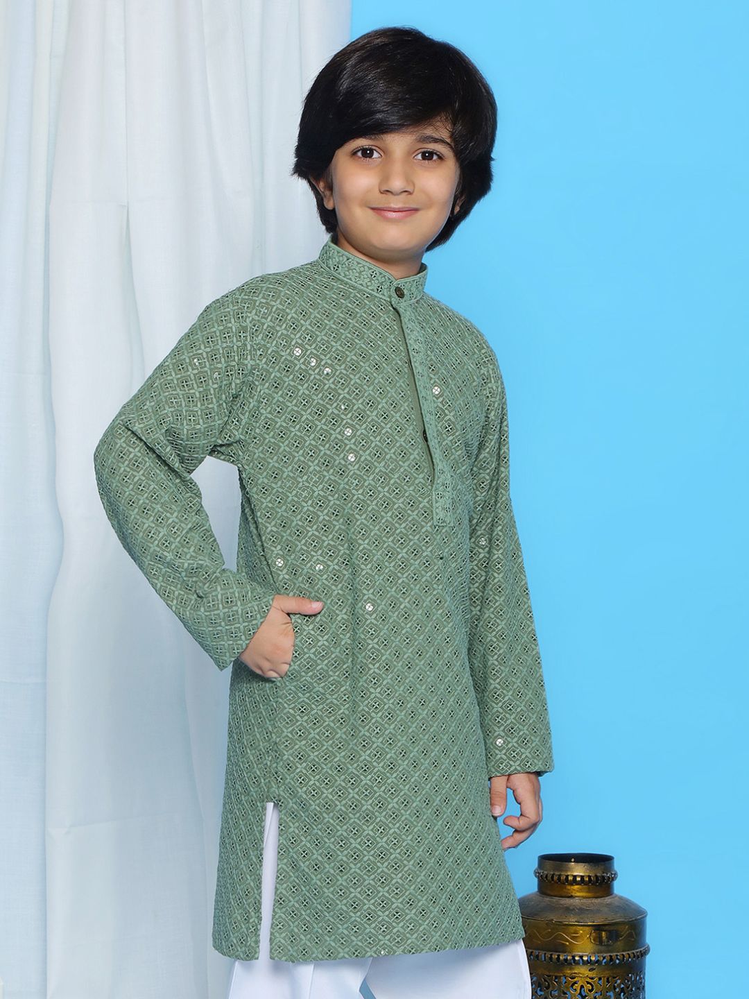 Aj Dezines Pista Schiffli Full Sleeves Embroidered Kurta For Boys