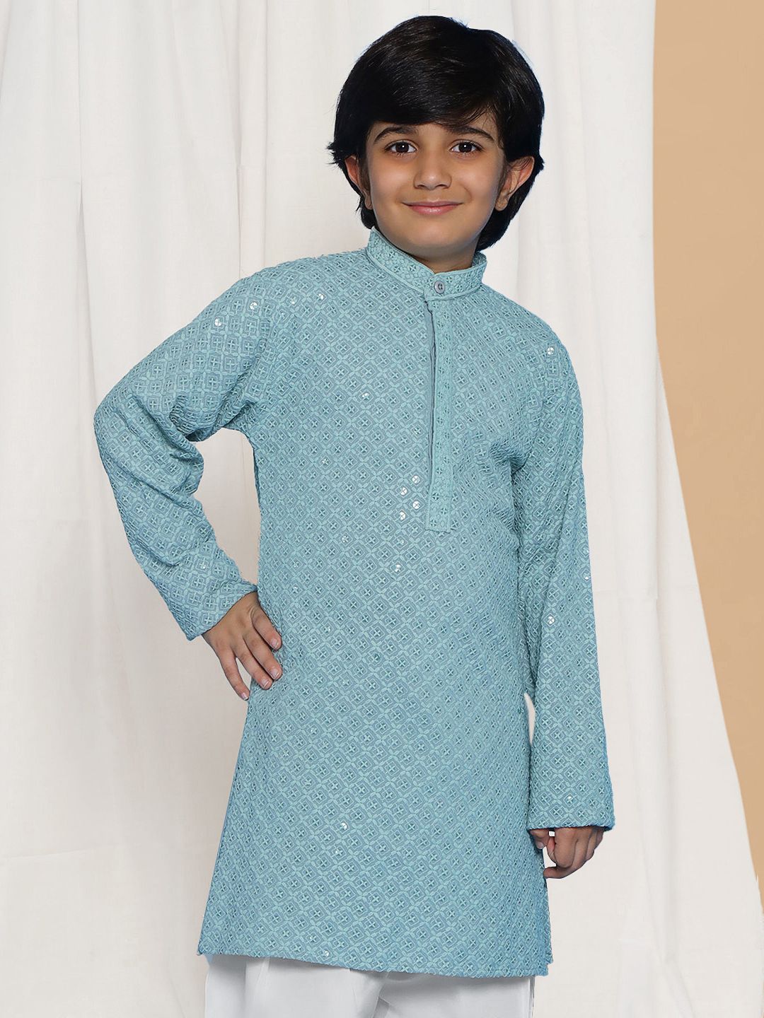 POWDER BLUE Schiffli Full sleeves Embroidered Kurta for Boys