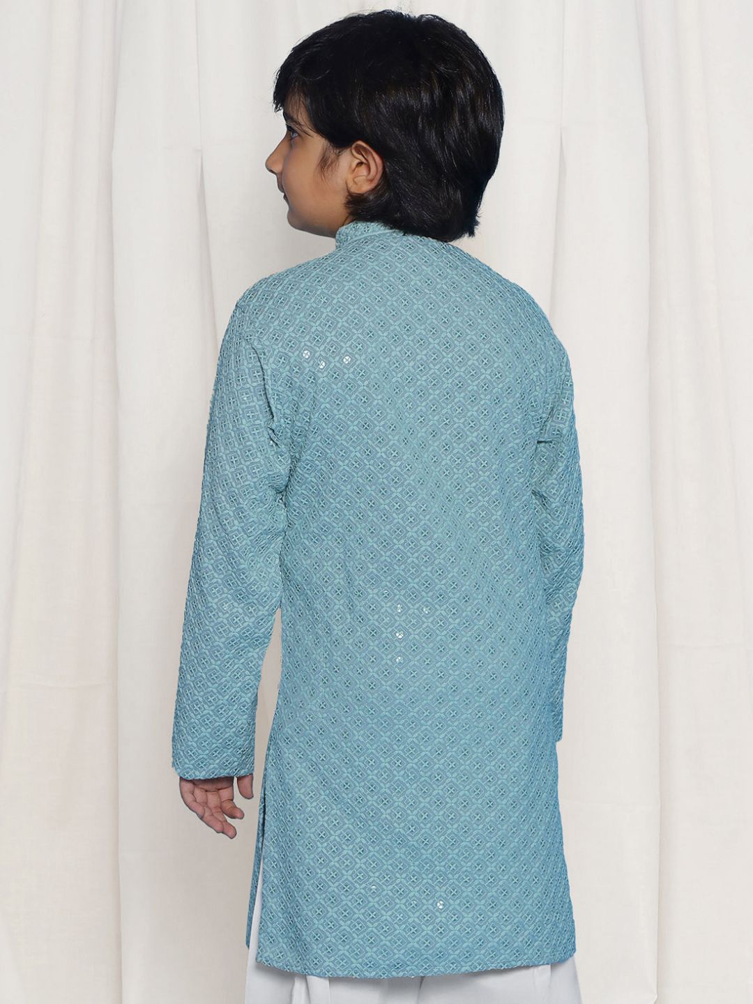 Aj Dezines Powder Blue Schiffli Full Sleeves Embroidered Kurta For Boys