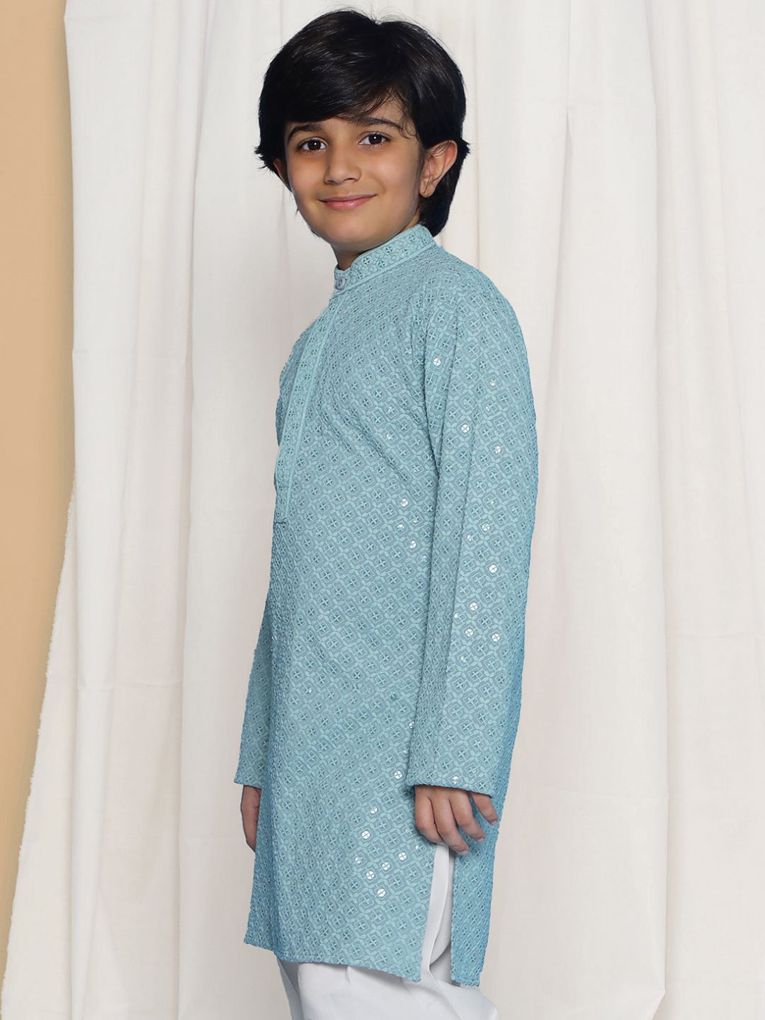 Aj Dezines Powder Blue Schiffli Full Sleeves Embroidered Kurta For Boys