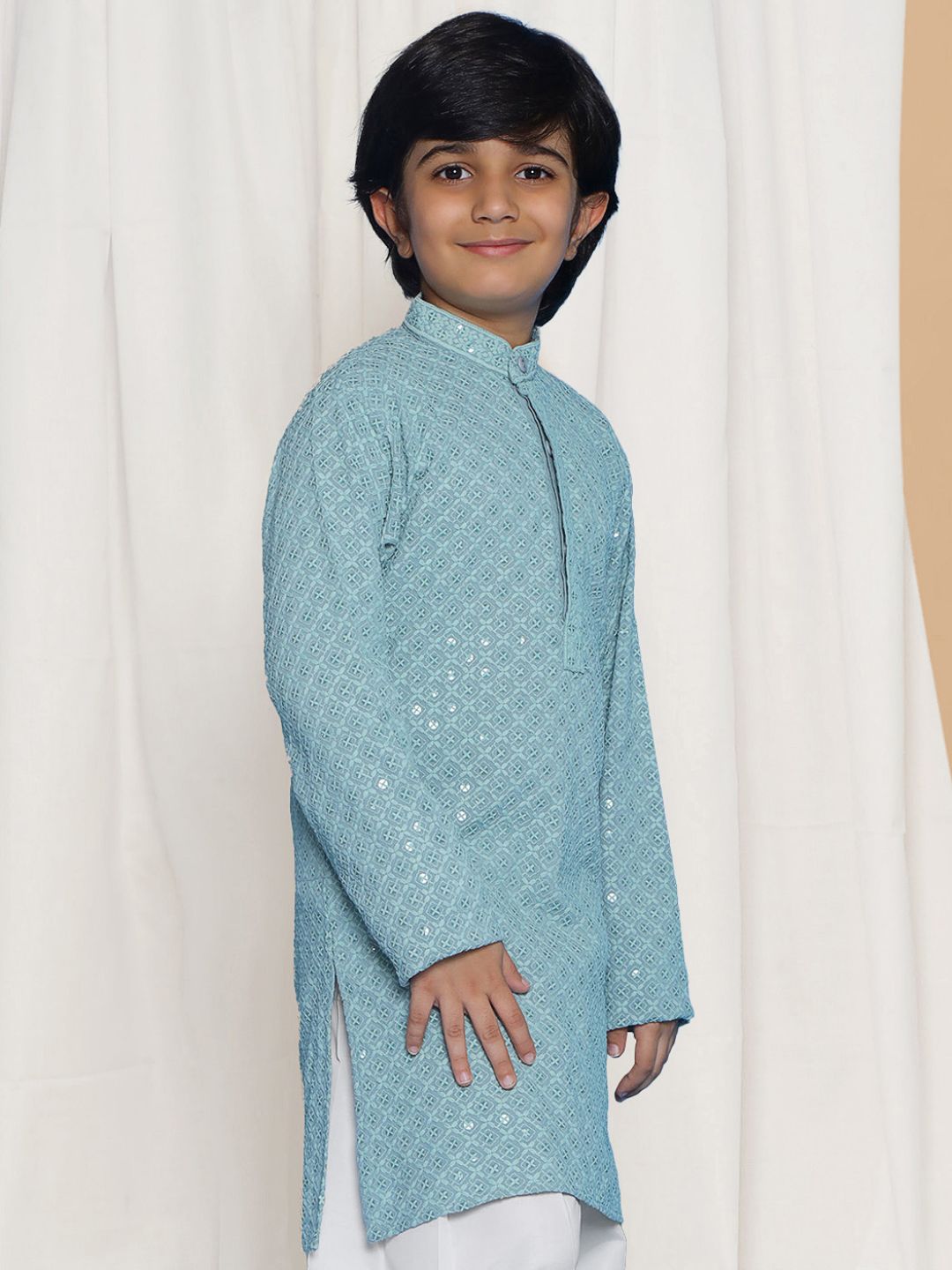 POWDER BLUE Schiffli Full sleeves Embroidered Kurta for Boys