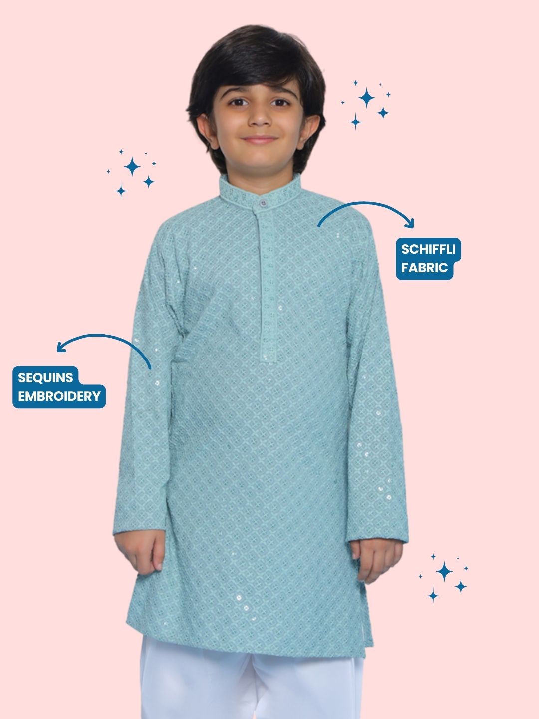 POWDER BLUE Schiffli Full sleeves Embroidered Kurta for Boys