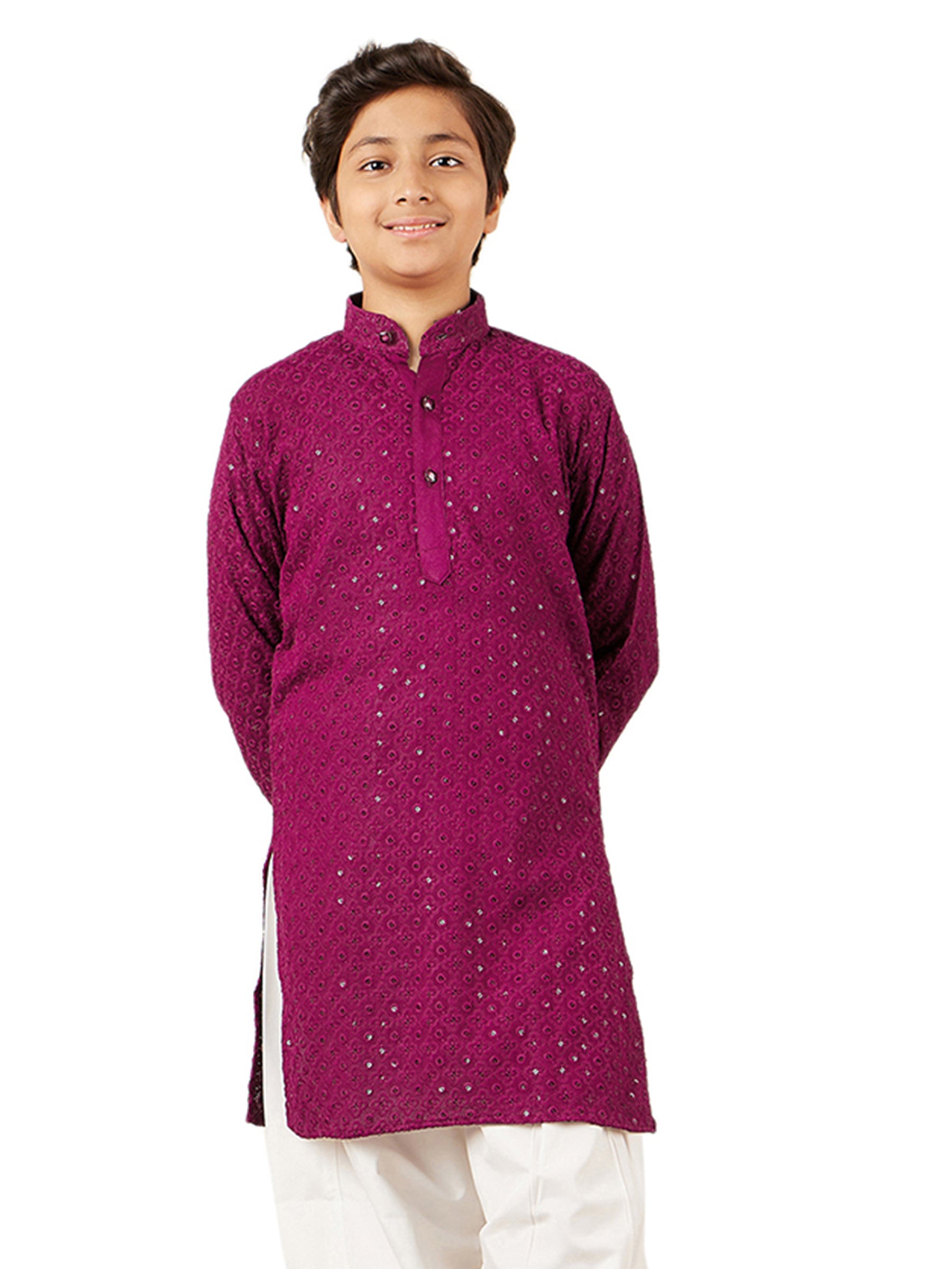 Kids Purple Cotton Sequined Chikankari Kurta For Boys