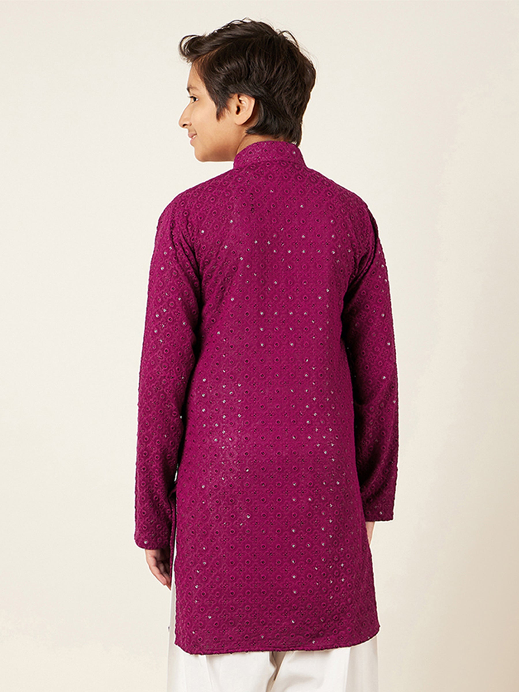 Kids Purple Cotton Sequined Chikankari Kurta For Boys