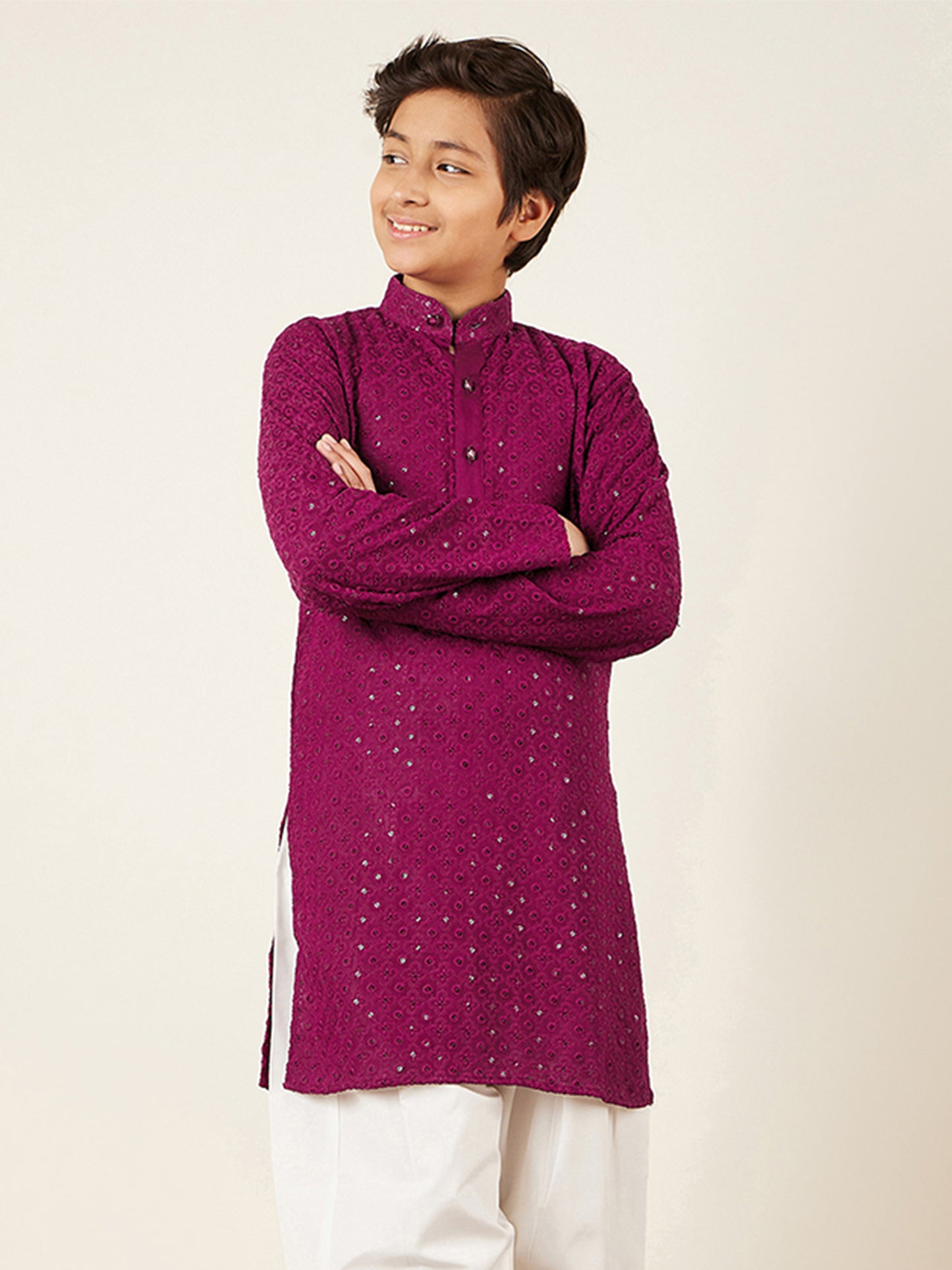 AJ Dezines Kids Purple Cotton Sequined Chikankari Kurta For Boys