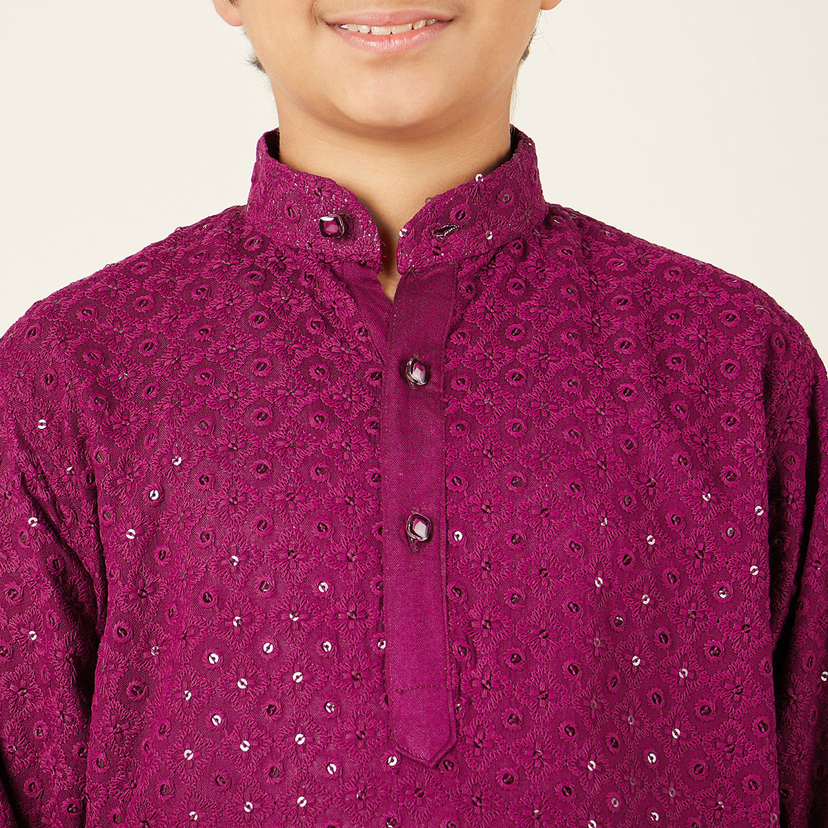 Kids Purple Cotton Sequined Chikankari Kurta For Boys