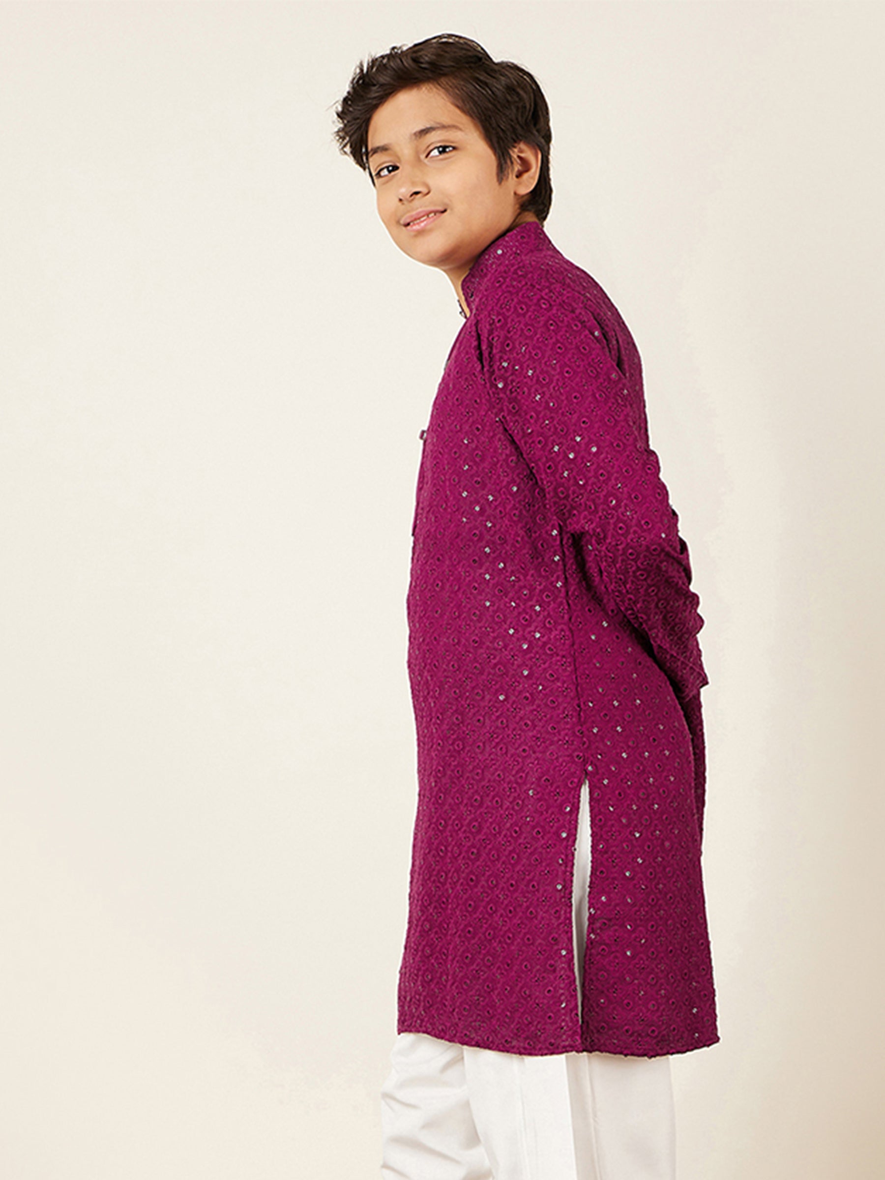 Kids Purple Cotton Sequined Chikankari Kurta For Boys