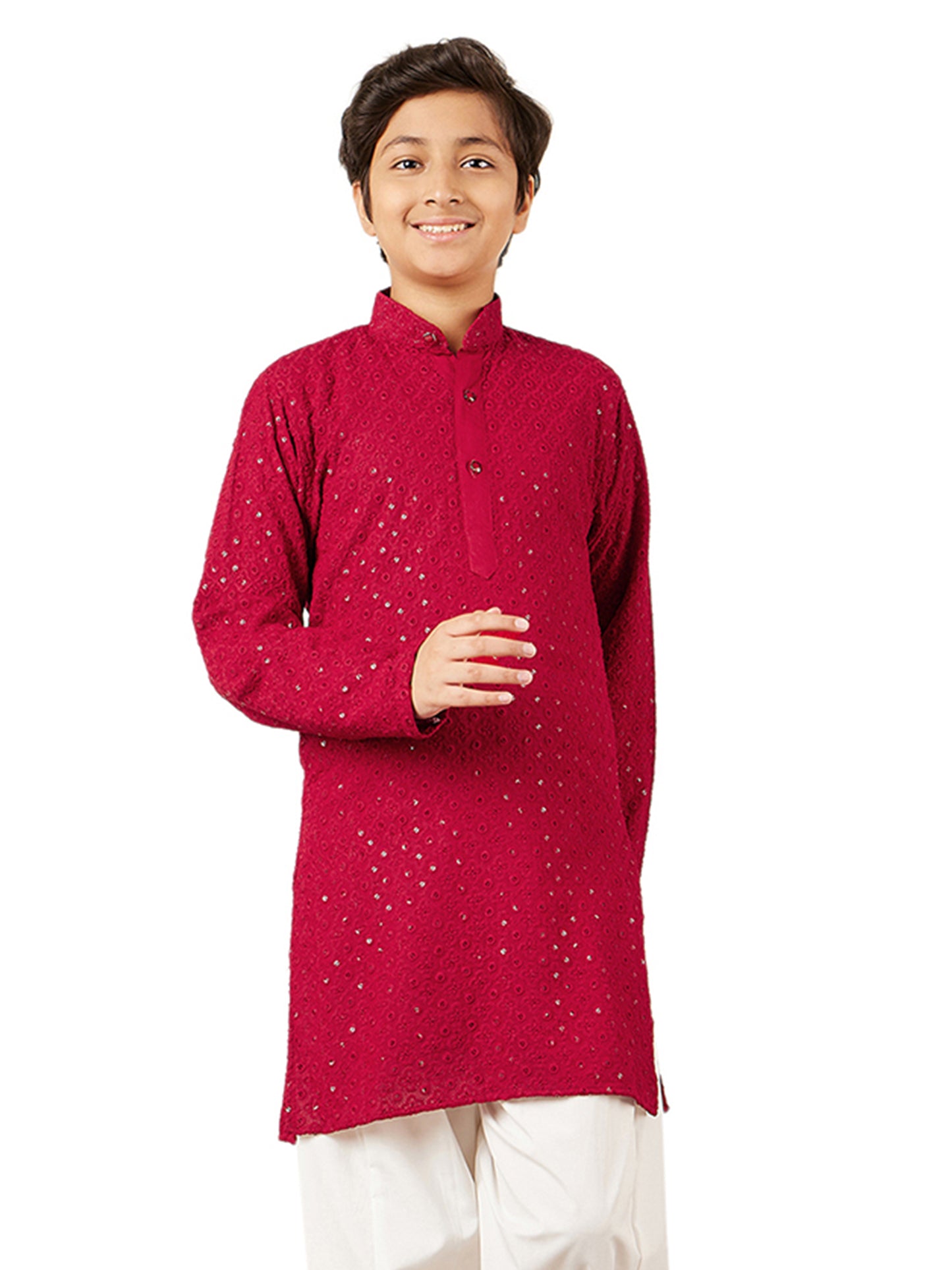 AJ Dezines Kids Red Cotton Sequined Chikankari Kurta For Boys