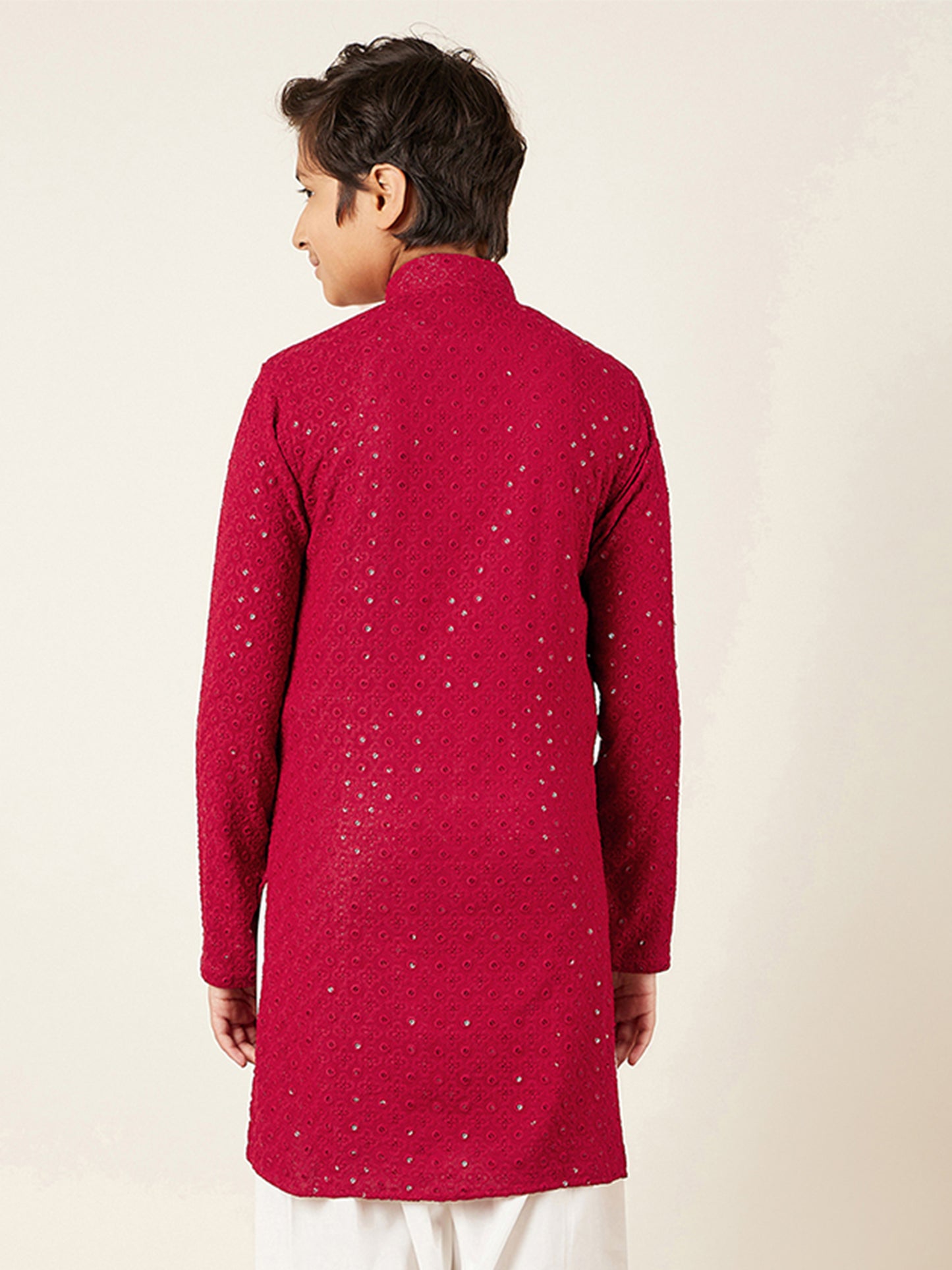 AJ Dezines Kids Red Cotton Sequined Chikankari Kurta For Boys
