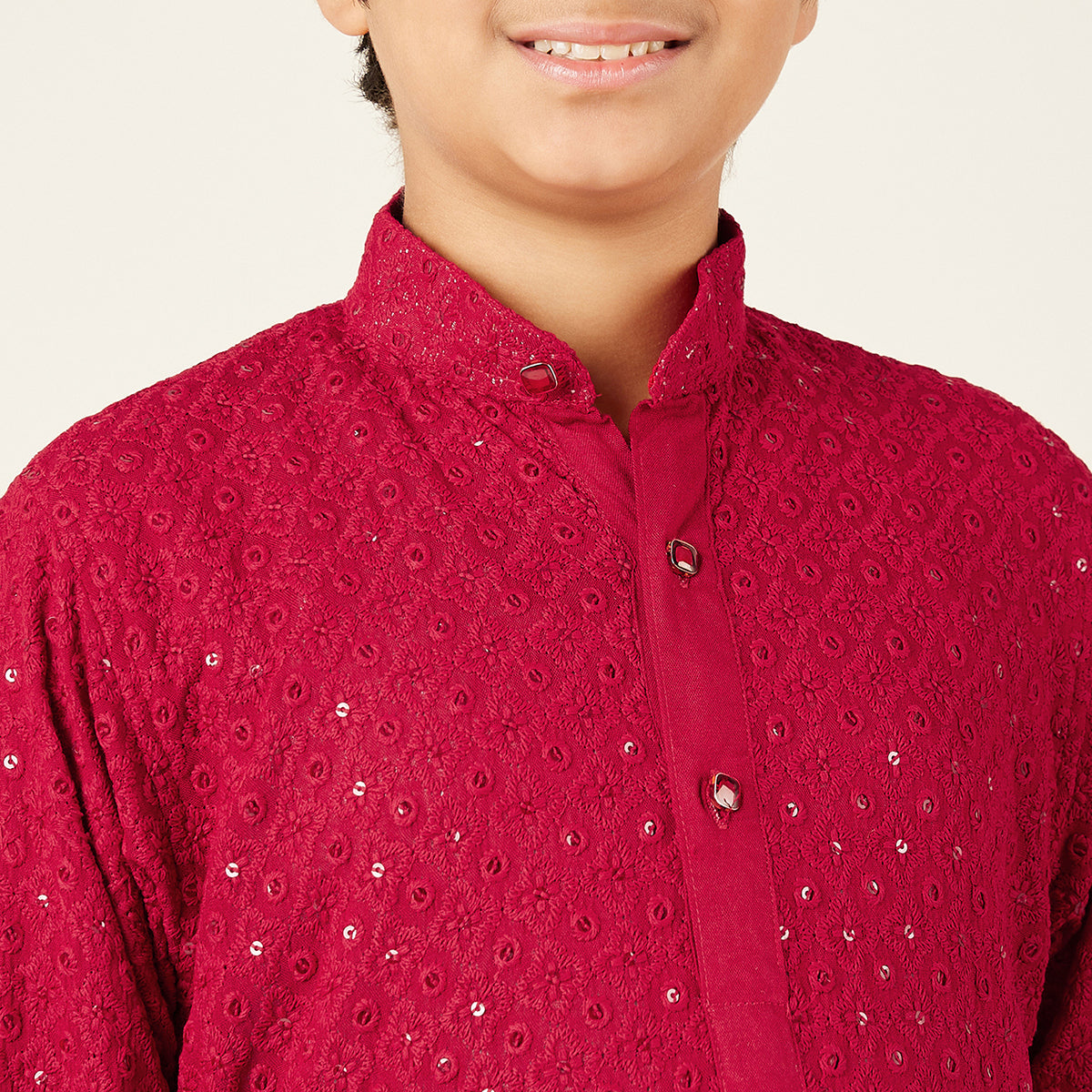 AJ Dezines Kids Red Cotton Sequined Chikankari Kurta For Boys